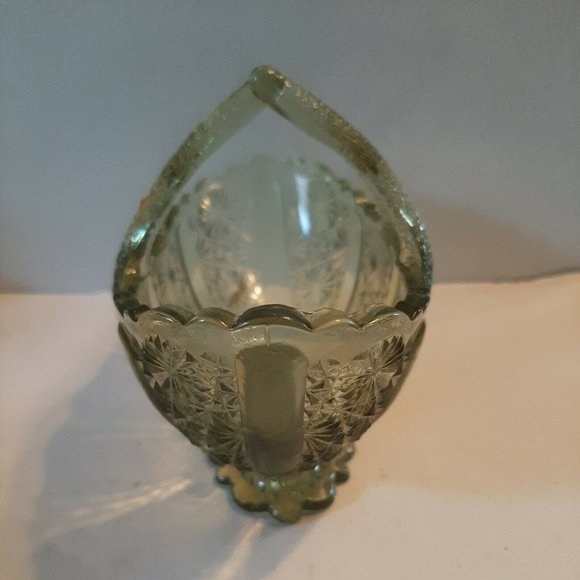 Fenton Green Glass Daisy and Button Oval Basket Split Twig Handle - Picture 3 of 11
